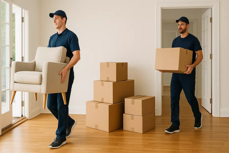 Flyttfirma som bär möbler och flyttlådor ur en bostad